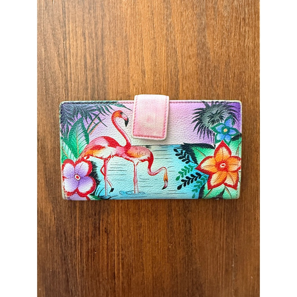 Anna by Anuschka Tropical Flamingos Wallet Hand-painted Leather Bifold Purple